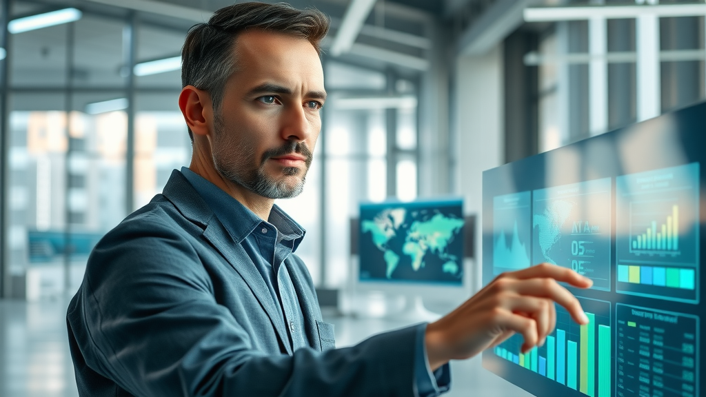 project manager engaging with AI management tool dashboard for construction project management using multiple screens and dynamic data - ai tools for contractors