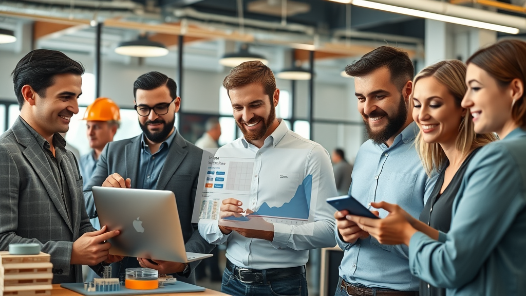 contractors reviewing AI-generated construction project schedules and bid analytics on digital devices to improve project management using ai tool for contractors