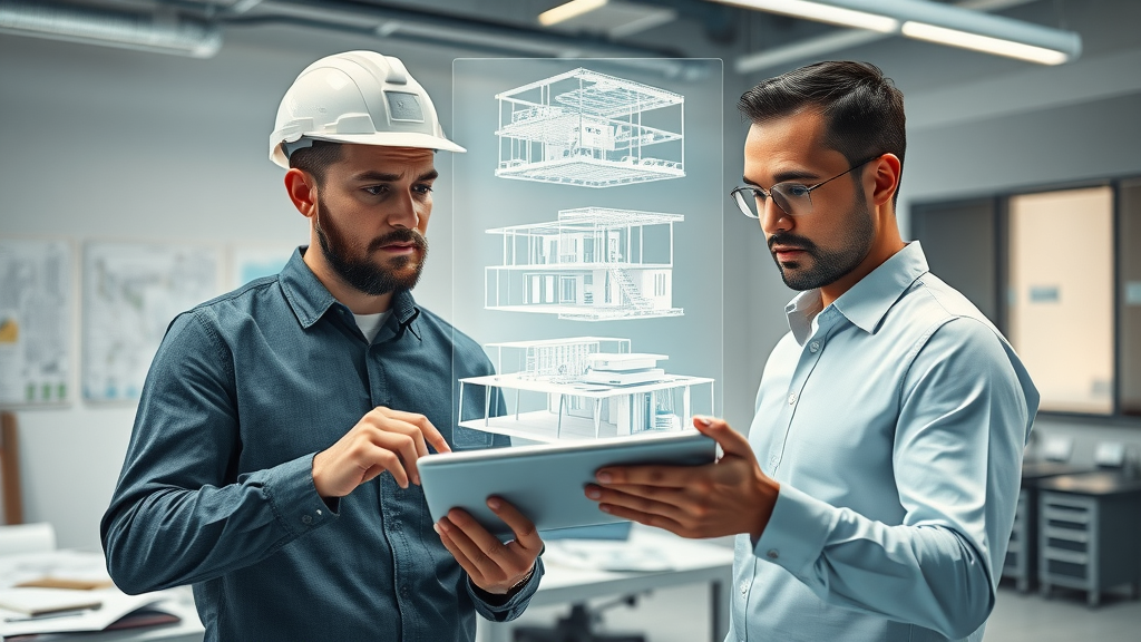 architect and contractor collaborating on digital 3D BIM models using generative AI in pre-construction planning for the construction industry
