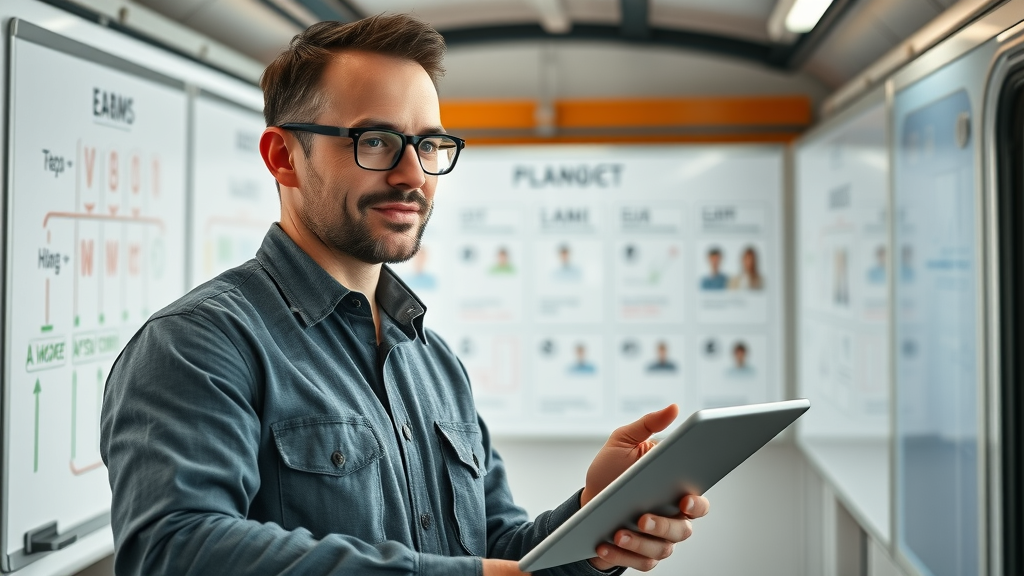 project coordinator using AI-driven touchscreen board to allocate construction crew roles and resources for efficient site management