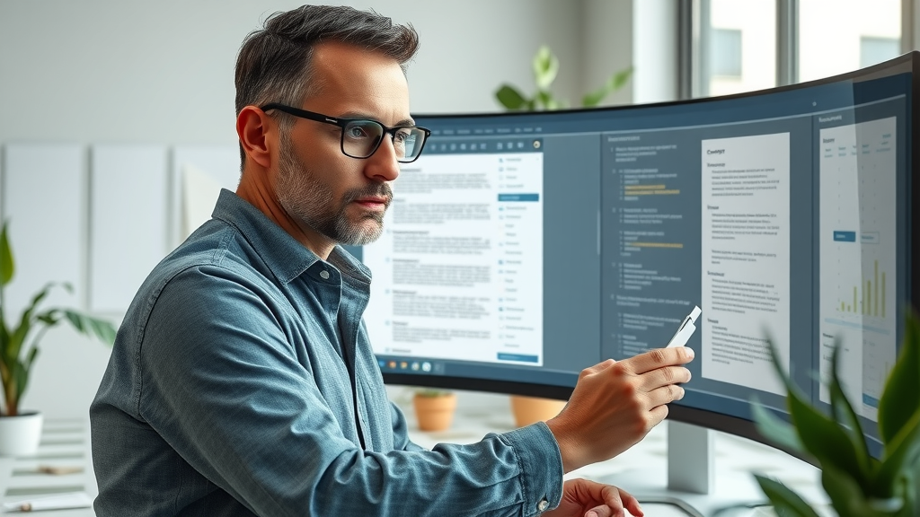 professional contractor reviewing contract clauses highlighted by AI on a large monitor, using construction software in an office environment