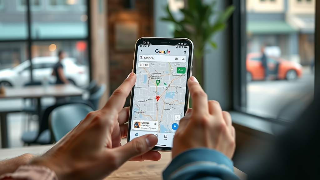 Google Maps ranking tips Denver - local businesses highlighted on mobile, users engaging with Google Map, photorealistic
