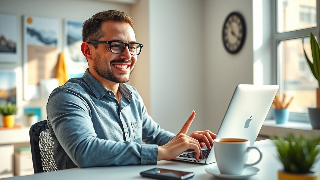 Google Business Profile optimization for higher on Google Map - Denver business owner updating information, photorealistic office scene