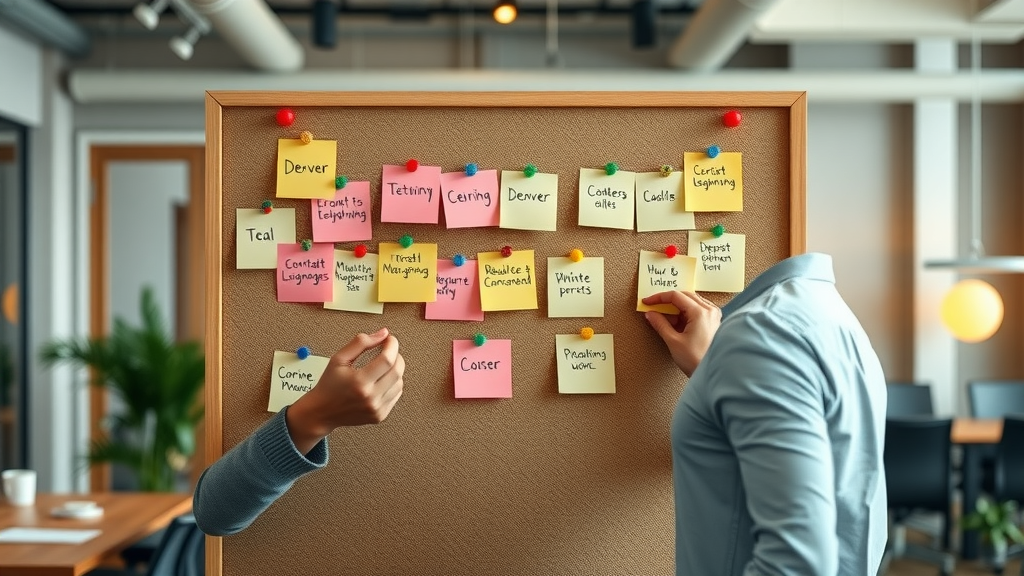 Denver business leveraging local keywords for Google Maps ranking - professional arranging sticky notes with Denver neighborhoods, photorealistic