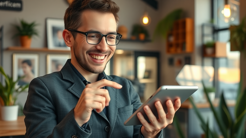 Denver service business customer leaving five-star review for Google Maps ranking tips, photorealistic, cozy business interior