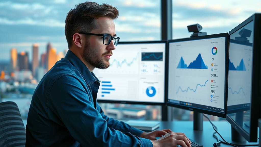 Digital marketer using Google Ads dashboard for Denver local ranking, Google Maps ranking tips, photorealistic, modern office view