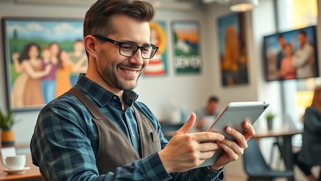 Denver business owner maintaining higher on Google Maps status - updating profile, photorealistic, vibrant business scene