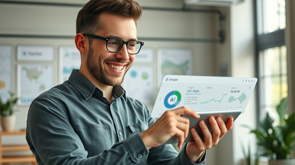 Contractor marketing professional using SmartAd Contractor AI marketing tool on a tablet dashboard for hyperlocal ad targeting