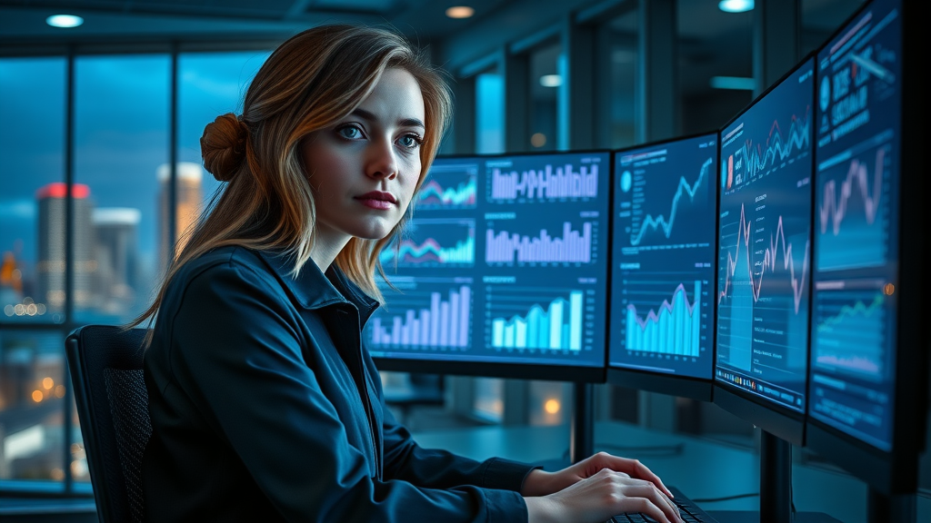 Contractor using OnsiteViz AI marketing analytics tool, analyzing campaign reports against Denver skyline in an advanced workspace