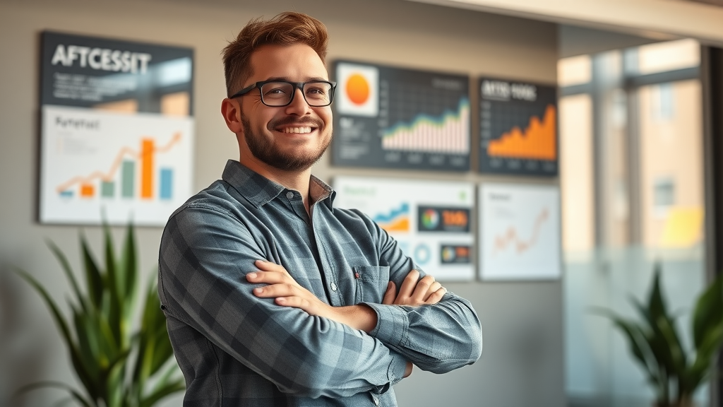 Denver contractor smiling in modern office, digital chart vignettes showing successful AI-powered marketing campaigns with increased conversions and ROI