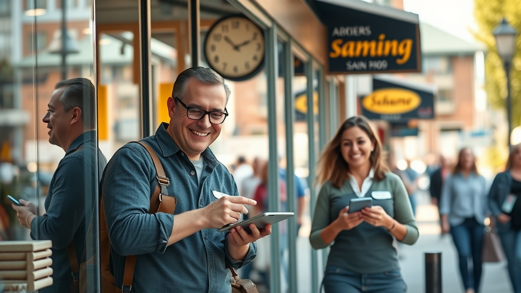 Modern storefronts with small business owners engaging with customers on a vibrant main street, showcasing local business energy and foot traffic, perfect representation for local SEO checklist.