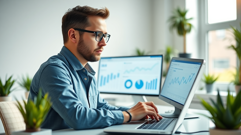 Digital marketer uses laptop in modern workspace, reviewing SEO analytics dashboards and local search performance for local SEO checklist.