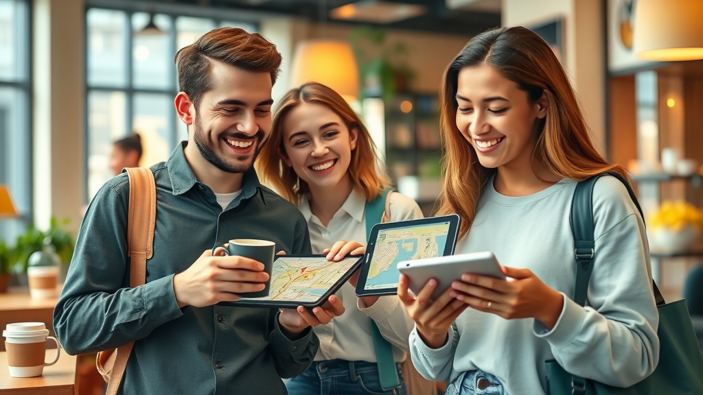 Urban café with young shoppers reviewing a digital city map—local SEO for business profile and proximity search.