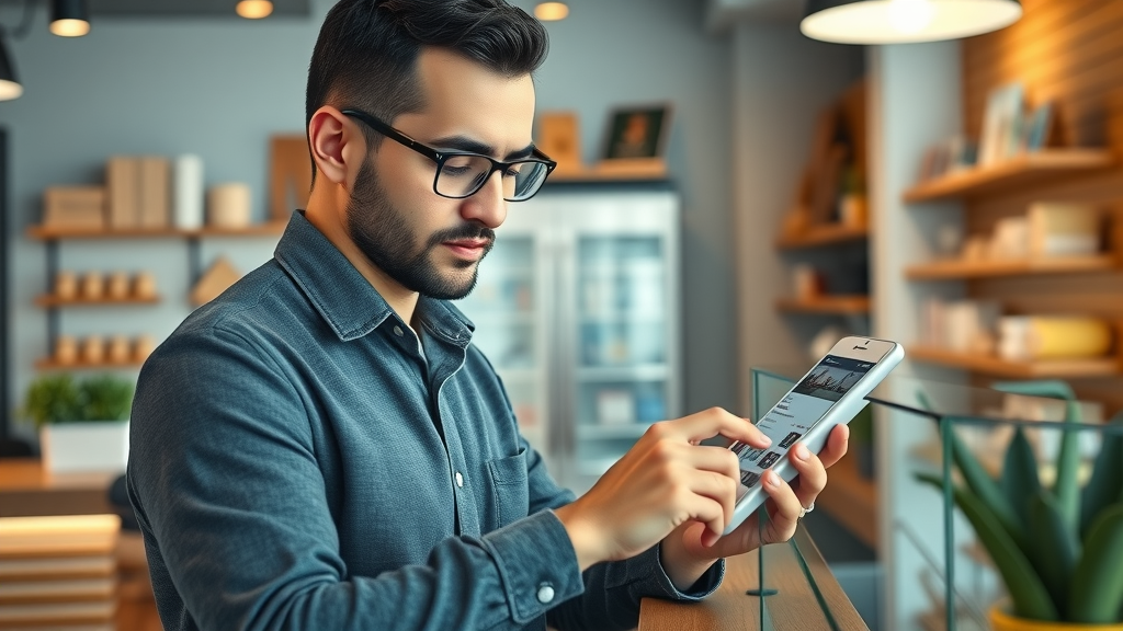 Business owner confidently updating Google Business Profile, optimizing business details and images for local SEO checklist.