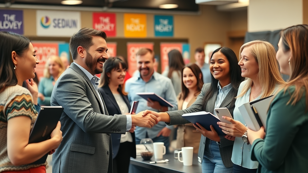 Professionals networking at local business event, exchanging contacts for local backlink building—boosting business profile local SEO.