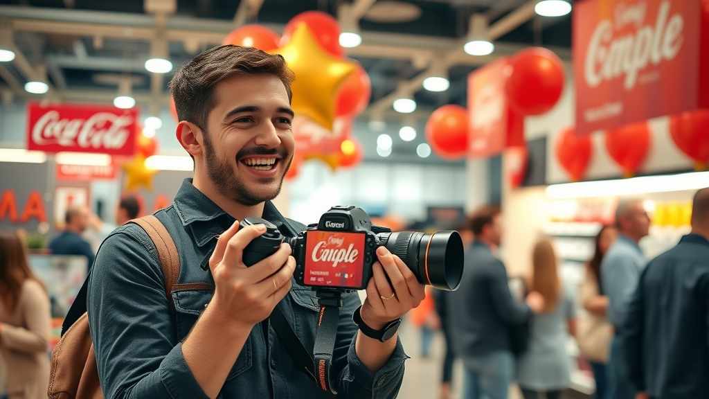 Content creator photographing community store event for local content—vital for local SEO strategy success.