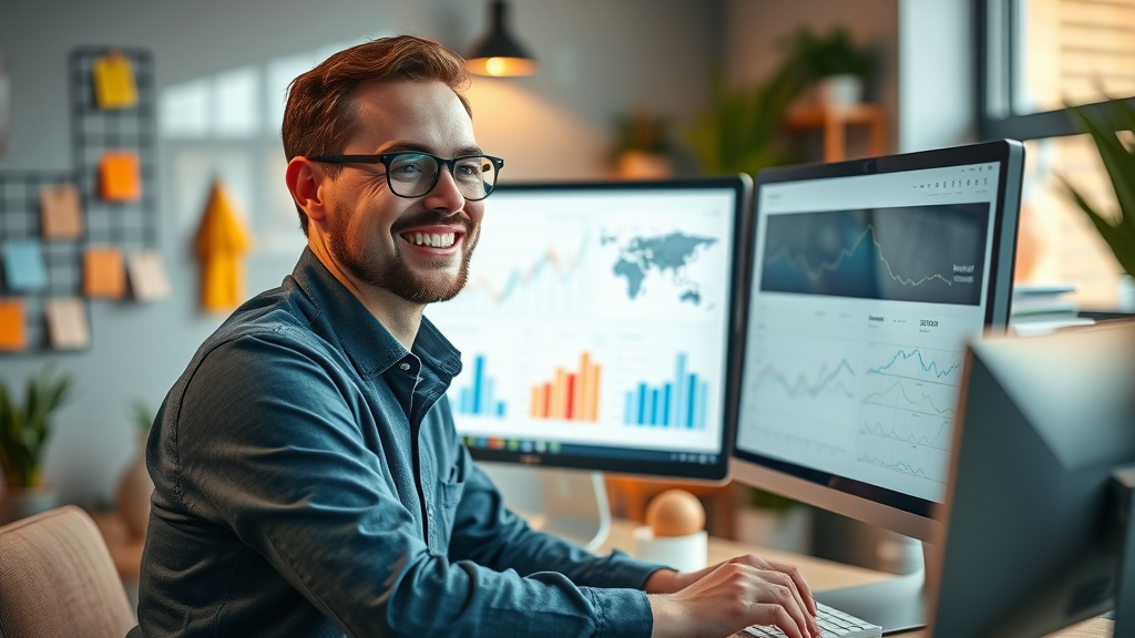 Marketing analyst reviewing Google Analytics charts and search console data for local SEO success.