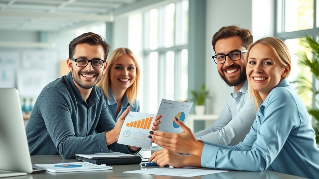 Modern small business team collaborating on CRO for small businesses in a bright office. Confident smiles, digital devices, and charts present, ultra-realistic style with natural light.