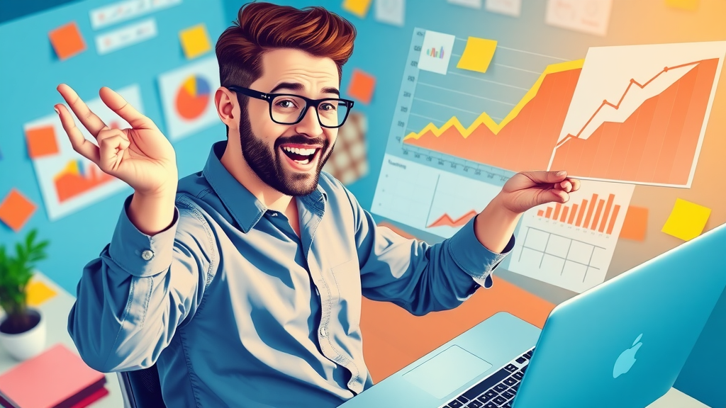 Business owner analyzing conversion charts for CRO for small businesses. Colorful infographic, lively workspace, upward trend lines, bright lighting.