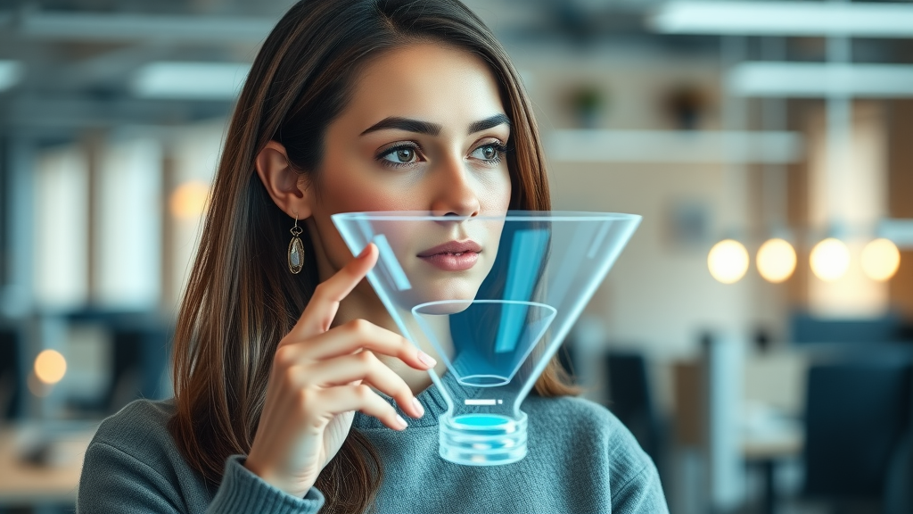 Young woman interacting with a digital conversion funnel for conversion rate optimization in a startup office, cool neutrals and teal highlights.