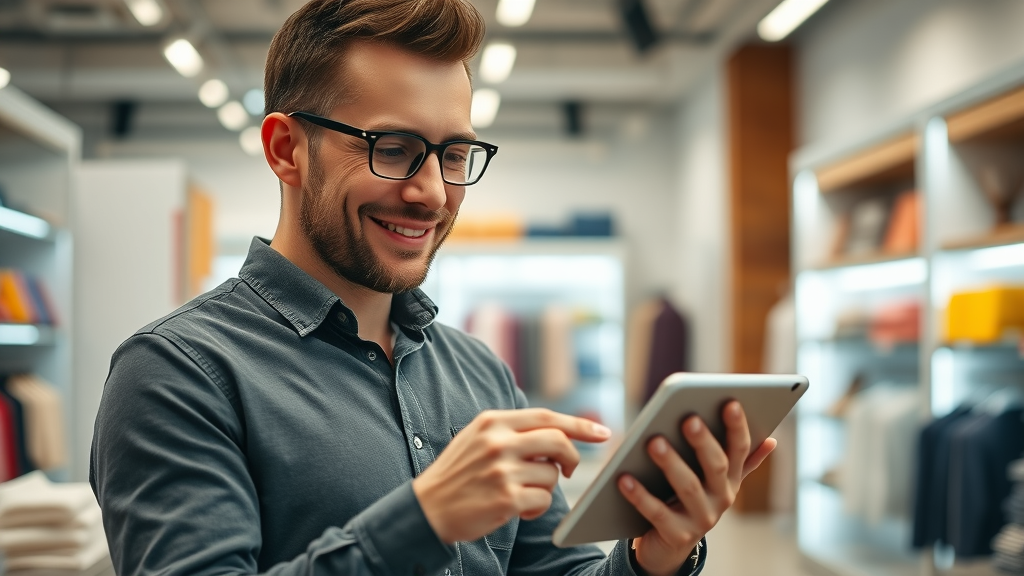 Small business owner reviewing analytics dashboard on a tablet for conversion rates in a retail shop, photorealistic, soft lighting.