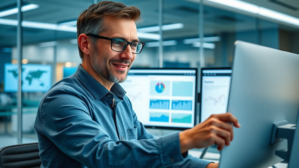 Business analyst comparing CRO tool dashboards on dual monitors for small businesses, high-tech workspace, digital screens, photorealistic.