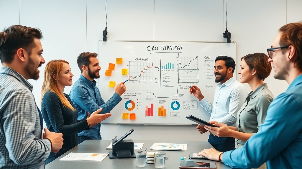 Service professionals discussing CRO strategy at a whiteboard, energetic group, modern meeting room, vibrant colors, photorealistic.