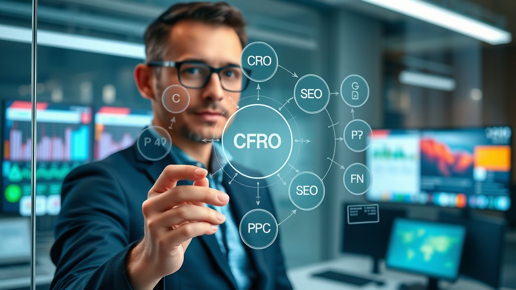Creative marketer visualizing CRO, SEO, and PPC flows on a glass board, digital marketing ecosystem for small businesses, photorealistic clarity.