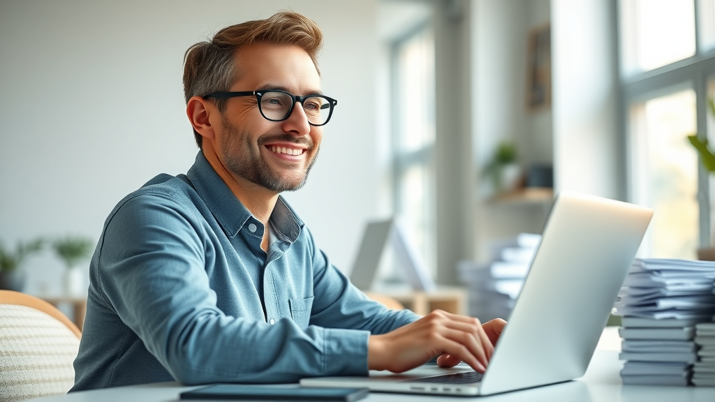 automation for small business modern workspace — relaxed business owner smiling at digital tools, bright organized office