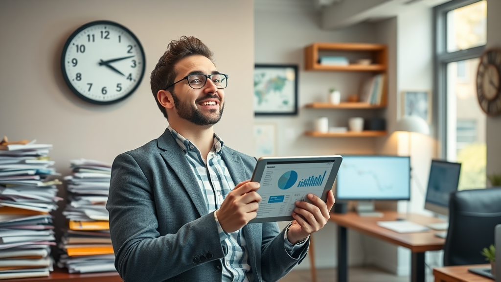 time-saving automation for small business — business owner relieved with automation dashboard, before and after workspace