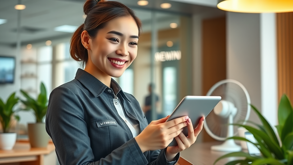 customer service automation for small business — friendly staff using chatbot on tablet in modern reception