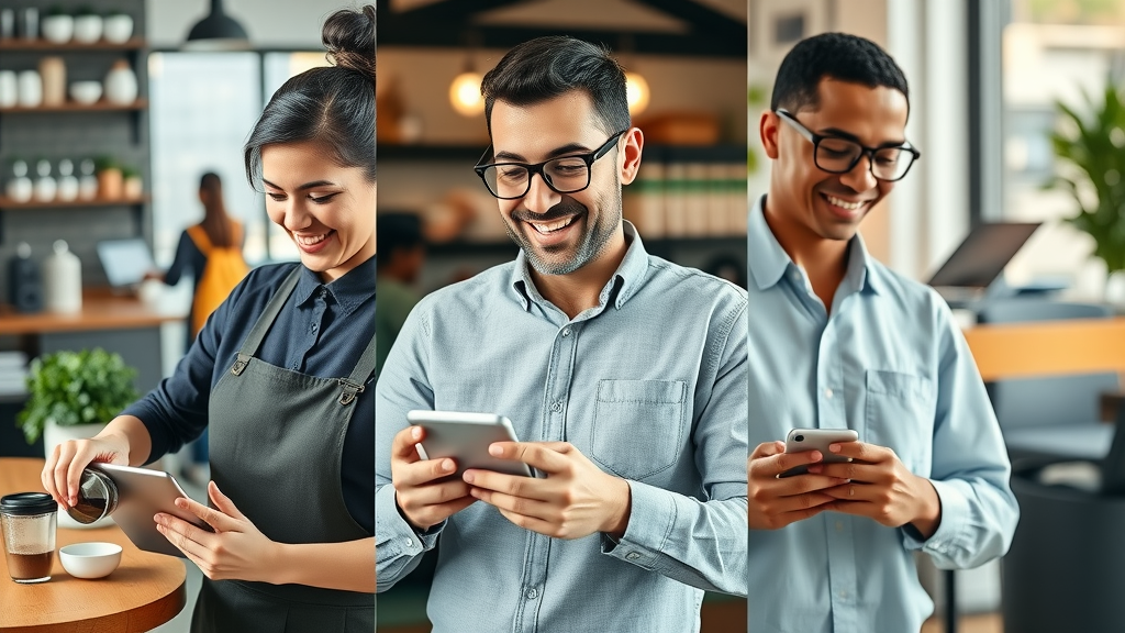 case study collage of automation for small business — barista, office worker, cleaner using digital tools in authentic environments