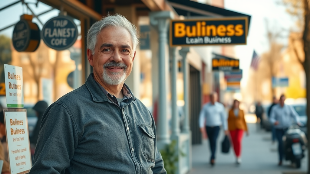 local service business owner stands proudly outside their storefront in a vibrant main street area with nearby small businesses and natural foot traffic – service business SEO strategies