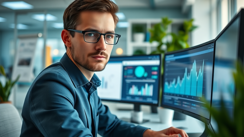 modern workspace with digital analytics dashboard displayed, used for measuring service business seo strategies