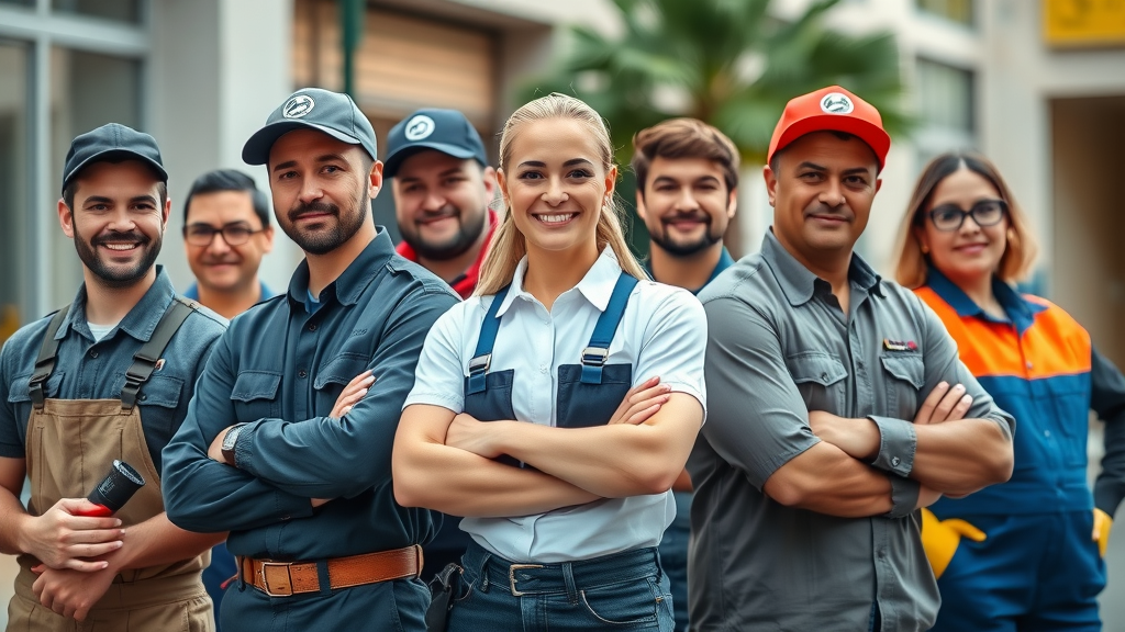 diverse service professionals like plumbers, cleaners, and electricians representing top local service businesses for SEO