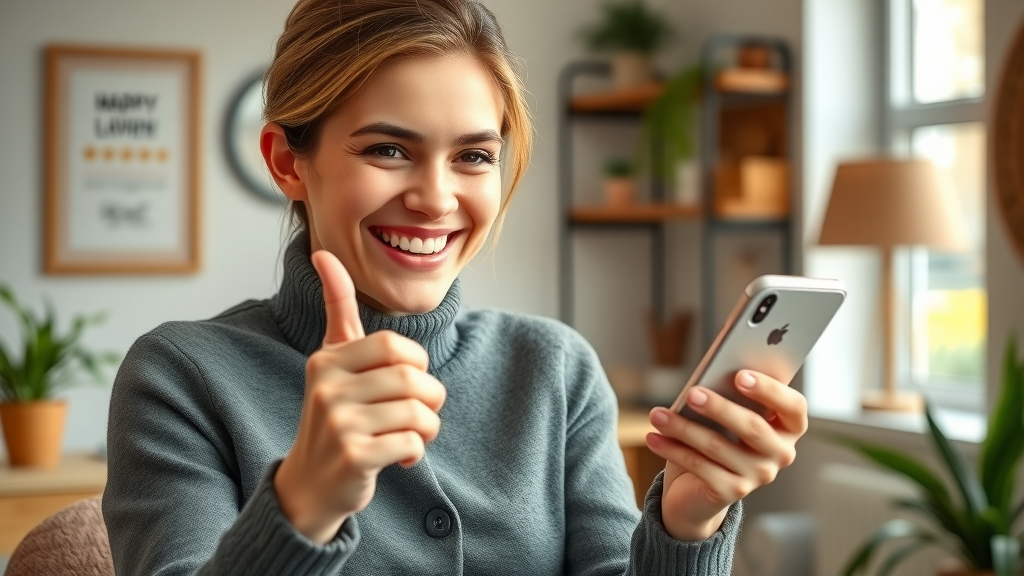 cheerful customer leaving a positive review on smartphone in a service provider’s office, supporting local seo and area business growth