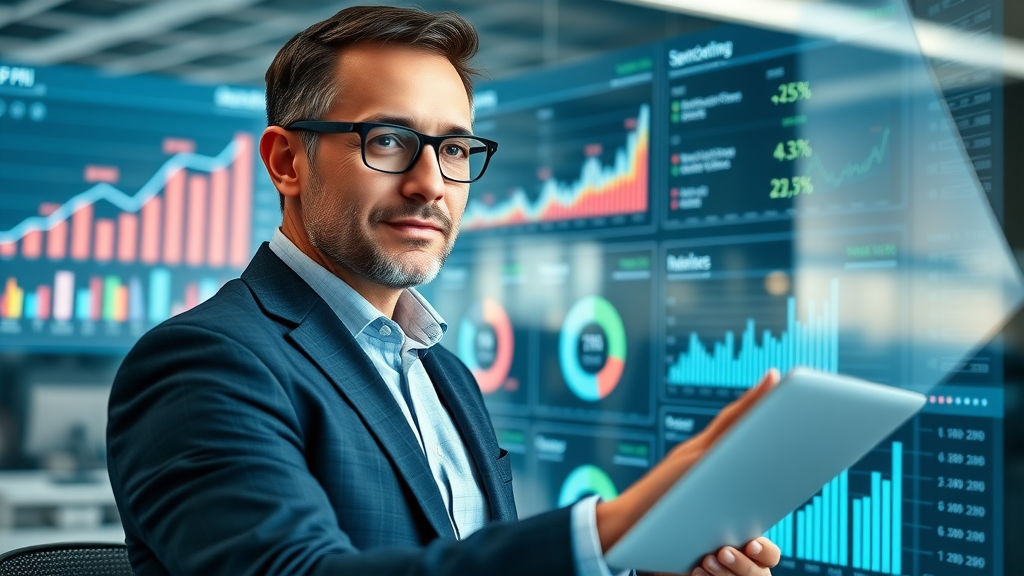 business owner reviewing seo performance kpi dashboard for service business and local search optimization