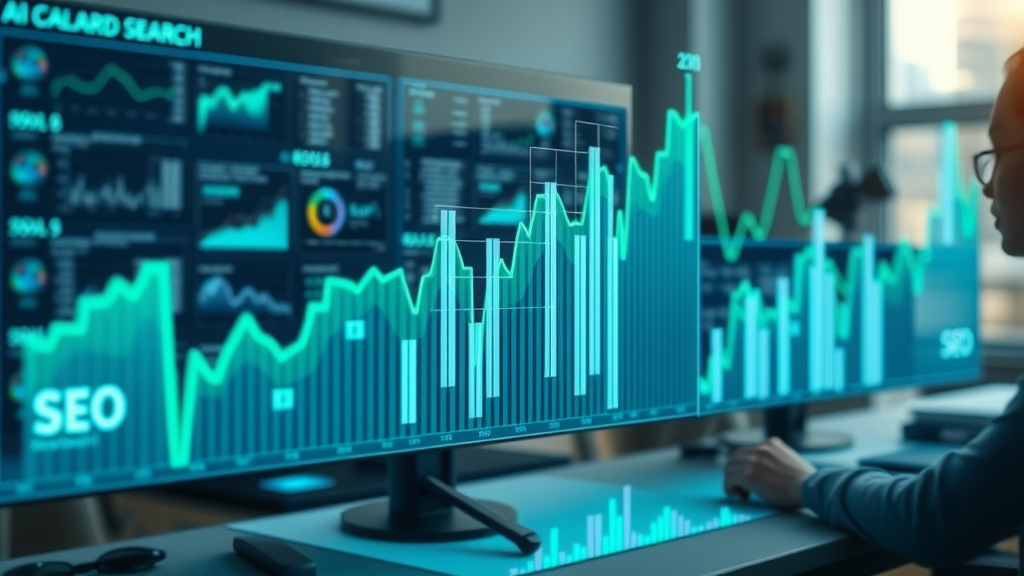 Insightful data visualization of AI SEO impact on local search with modern blue and green graph elements over a digital workspace