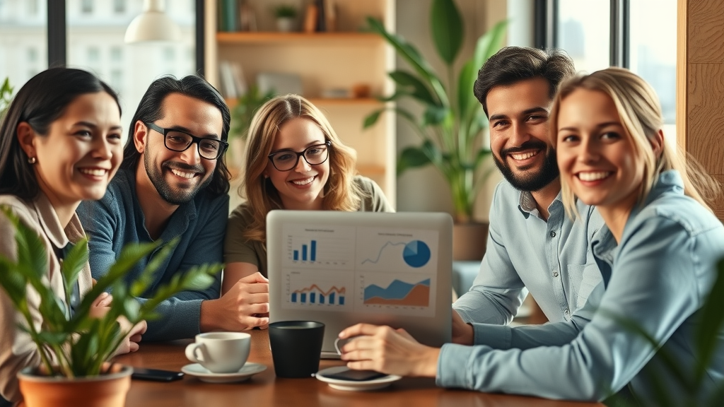 Optimistic local business team collaborating around a laptop reviewing AI SEO analytics in a cozy cafe setting