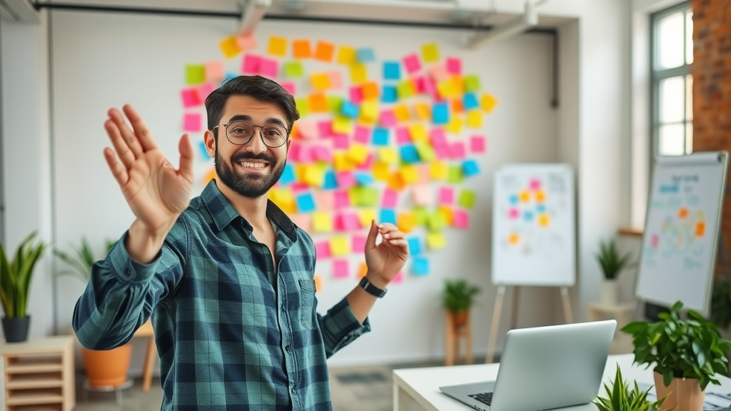 Creative marketer enthusiastically brainstorming local content ideas in a modern loft studio