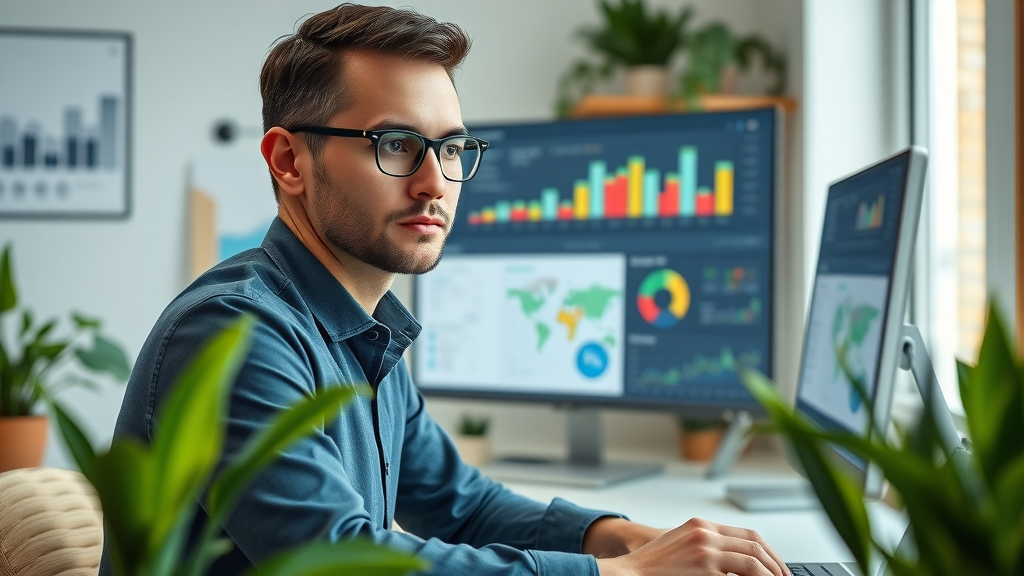 Business owner reviewing AI SEO dashboard analytics in a calming, modern small business office