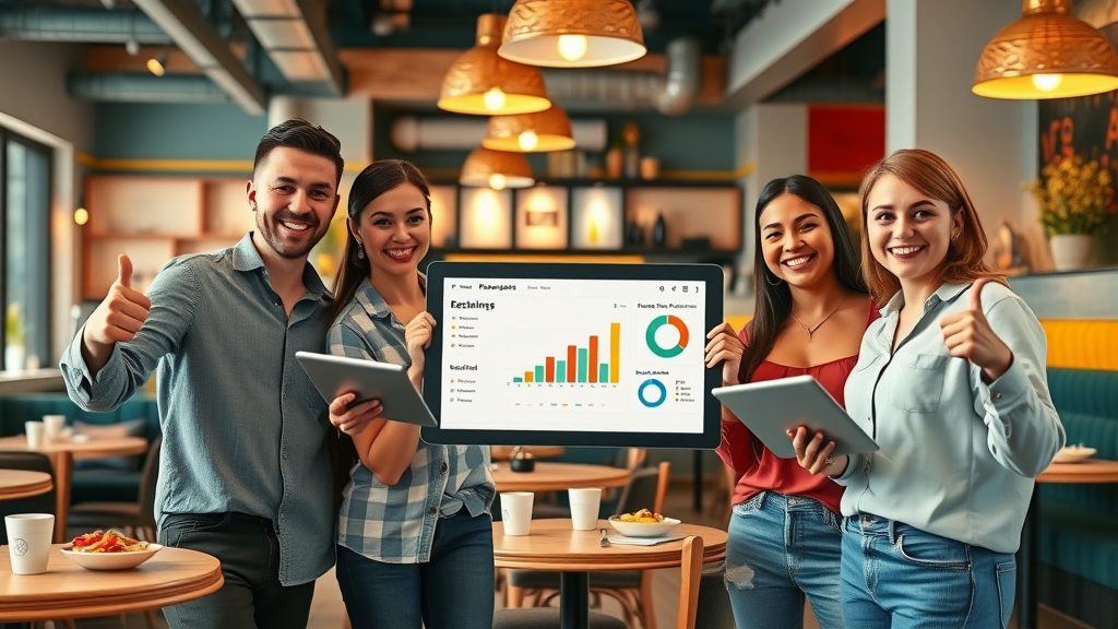 Vibrant local restaurant team celebrating analytics dashboard success together in bustling restaurant