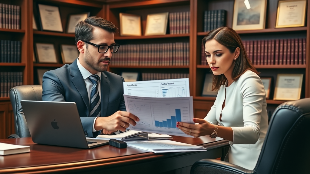 Law firm partners reviewing AI SEO analytics and printed reports in classic legal office