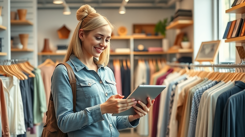 Boutique retailer reviewing SEO-driven sales analytics on a tablet in a brightly lit store