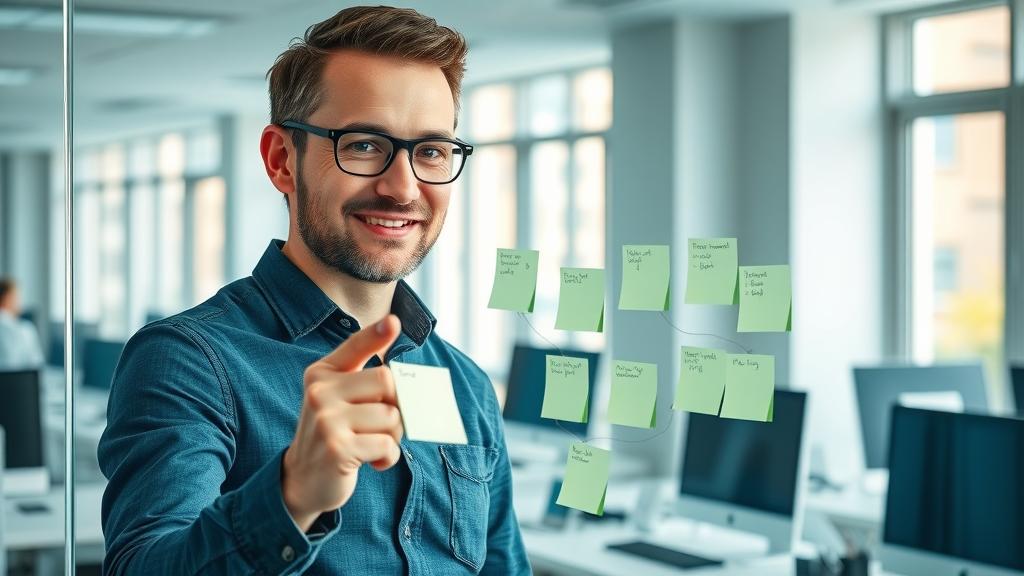Marketer mapping out step-by-step AI SEO workflow on glass board in a bright, modern office