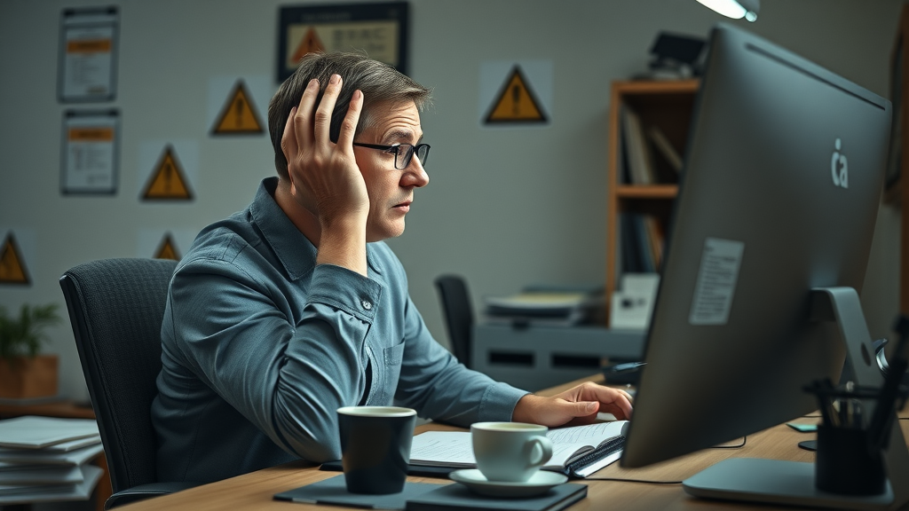 Concerned business owner at a computer reviewing AI SEO warnings in a modest office