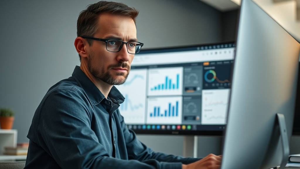 Outdated contractor website design shown on a computer screen in a neutral, concerned business owner