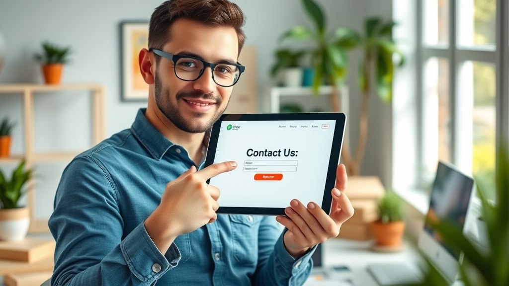Clean, modern contractor website design on tablet with business owner pressing Contact Us. Example of effective contractor website design with clear call to action.