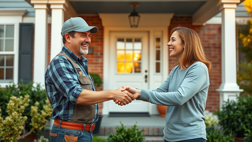 Contractor shaking hands with a satisfied client after home renovation, showing the power of web design testimonials and project portfolios.