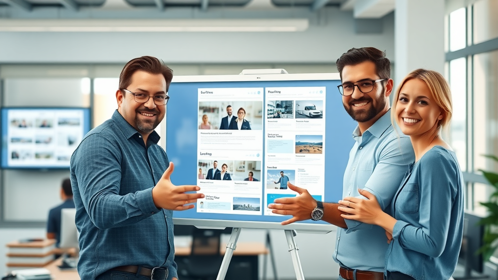 landing page design contractor team collaborating on a digital board in a modern office, with digital screens displaying sample landing pages, positive expressions, photorealistic rendering, blue white gray palette, soft daylight